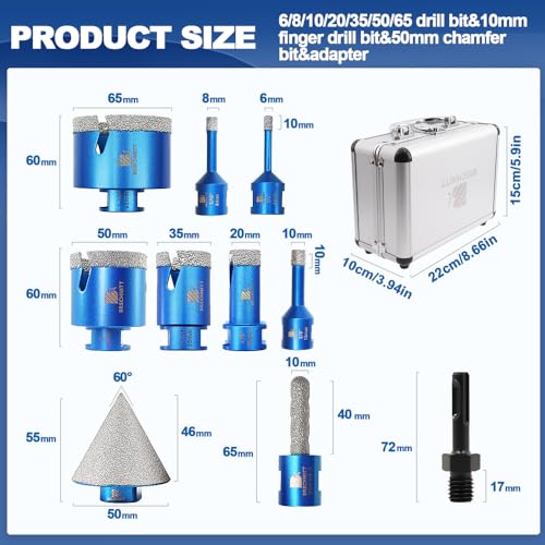Image of Diamond Core Drill Bit Set - BRSCHNITT Tile Hole Saw Kit 1 /4 inch 3 /8 inch 4 /5 inch 1-3 /8 inch2 inch 2-1 /2 inch & 3 /8 inch Finger Bit & 2 inch Chamfer Bit for Porcelain Tile Ceramic Marble Granite Diamond Blade