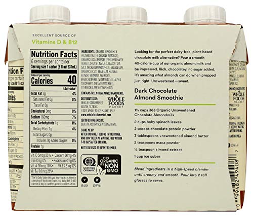 Image of 365 by Whole Foods Market Organic Unsweetened Chocolate Almond Milk 6 Pack, 8 FZ