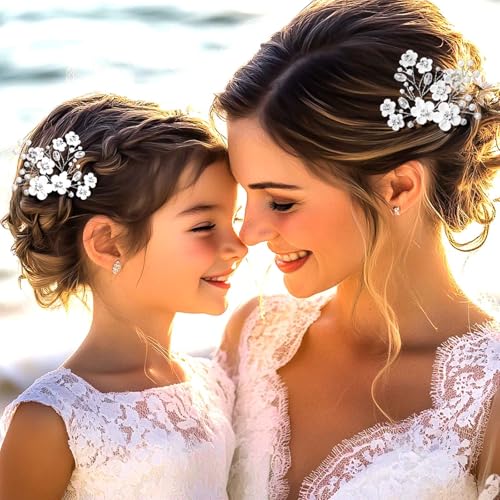 Fstrend Wedding Bridal Hair Pins Bride Flower Pieces Rhinestone Pearls Accessories Clip for Women and Girls4