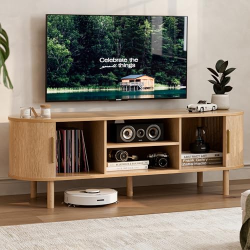 Image of ZttRiee TV Stand with Sliding Doors for TVs up to 60 inch, Modern, Natural | 55 inchW x 18.5 inchH x 15.7 inchD, 200 lbs top / 50 lbs shelf, 2 central shelves & 2 side cabinets, rounded corners, ~60 min assembly