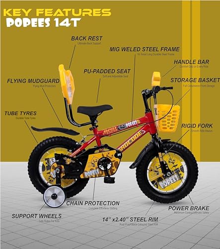 Image of BROCODE Kids Cycle for 2-5 Years Boys & Girls | 14T Baby Bicycle with Training Wheels, Basket & Backrest | Semi-Assembled Kids Cycle - Professional Assembly Recommended | Red BMX Style Bike