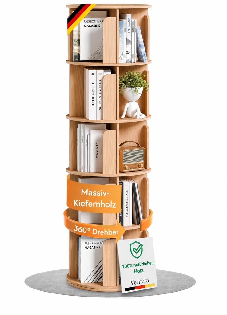 Drehbares Bücherregal aus Holz - 100% Massivholz - Premium Qualität - Platzsparend - Drehregal Bücher Bookcase Rotating Bookshelf Rundes Bücherregal Kinder Drehbar Bücherbaum (5 Böden)