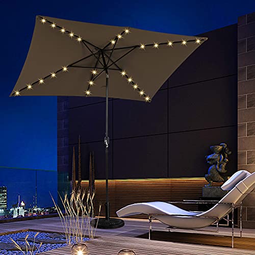 choicehot Rectangular Patio Umbrella with Solar Lights 6.5 x 10 ft LED Lighted Solar Powered Patio Outdoor Market Table Umbrella, Crank and Tilt, Tan