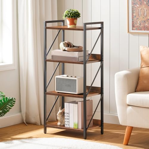 Image of HOOBRO Bookshelf, 4-Tier Industrial Bookcase, Book Shelf Storage Organizer, Small Bookshelf with Metal Frame for Living Room, Bedroom, Home Office, Kitchen, Rustic Brown and Black BF40SJ01