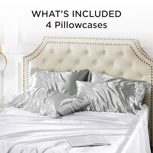 Image of Bedsure King Size Satin Pillowcase Set of 4 - Silver Grey Pillow Covers for Hair and Skin 20x36 Inches with Envelope Closure, Similar to Silk Pillow Cases, Gifts for Women Men