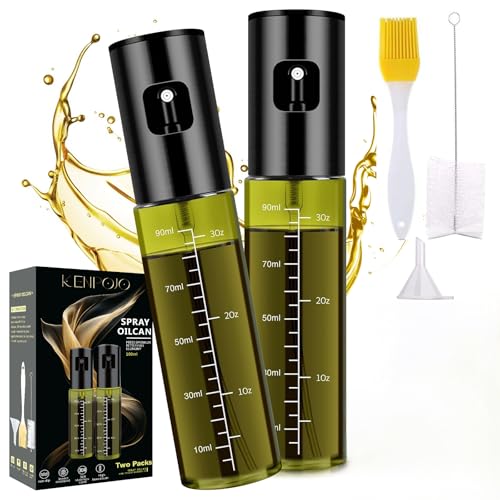 KENPOJO 2 Piezas Pulverizador Aceite Spray, 100 ML Aceite Cocina Antigoteo de Vidrio con Embudo, Aceitera Spray Pulverizador Libre BPA para Cocina, Freidora de Aire, Ensalada, Barbacoa