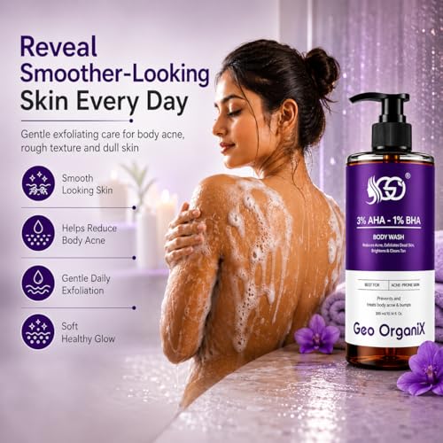 Image of AHA BHA Body Wash with 3% Lactic Acid, 1% Salicylic Acid & 1% Glycolic Acid | Exfoliating Body Cleanser for Body Acne, Rough Texture, Tan Removal & Smooth Skin | 300 ml