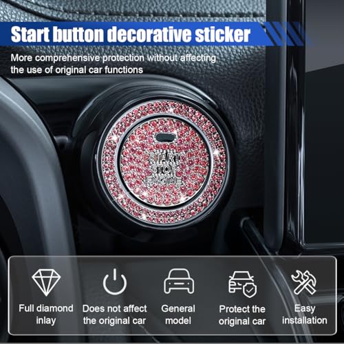 Image of Bling Crystal Car Engine Start Ring Sticker, Sparkling Rhinestone Push Start Button Decorative Cover, Anti-Scratch Key Ignition & Knob Bling Ring Car Interior Accessories for Women (Pink)
