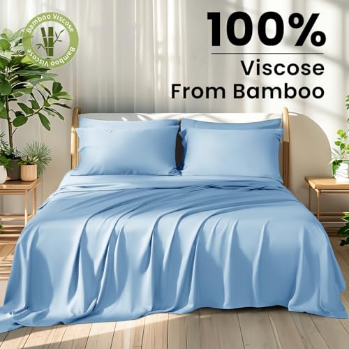 Shilucheng 100% Viscose Derived from Bamboo_ Sheets Cal King Size 6pcs - Ultra Cooling & Silky Soft Bed Sheets, 16" Deep Pocket, Perfect for Hot Sleepers, Hotel Bedding Sheets (Lake Blue)