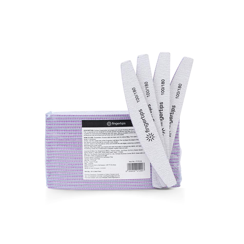 Fingertips Half Moon Nail Filer Set 100/180 Grit (25 Pcs) – Professional Double Sided Curved Nail Filer for Acrylic, Gel & Natural Nails – Salon Quality Emery Boards for Manicure & Pedicure-image-48