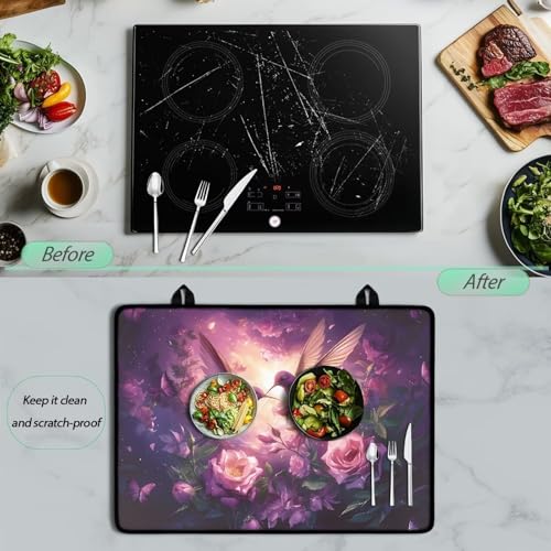 Image of Hummingbird Rose Stove Top Covers for Electric Stove, Heat Resistant Silicone Insulation Mat for Glass Top Burner, Anti-Slip Dish Drying Mats for Kitchen, Thick Induction Cooktop Protector