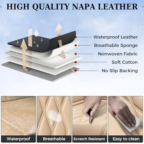 Image of Coverado Front Seat Covers, Car Seat Protector, Waterproof Nappa Leather Cushion, Fit for Most Sedans SUV Pick-up Truck-Beige