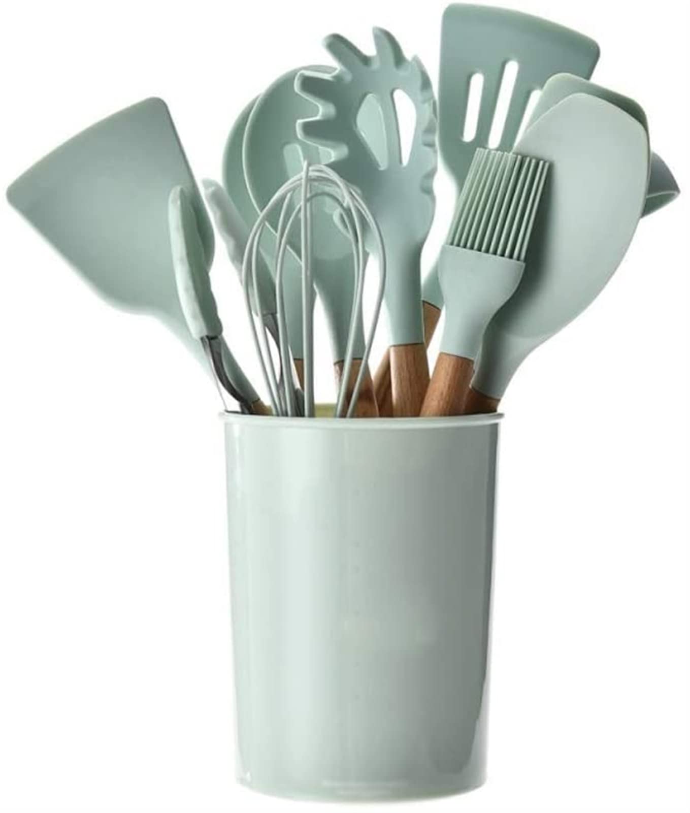 Storage Barrels of Fresh Green Wood Handle Silicone Kitchenware 11 Piece Non Stick Spatula Kitchenware Set