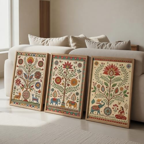 Image of Livin'luxe Indian Folk Art Floral Wall Painting Set of 3 with Wooden color Frames | Traditional Ethnic Artwork HD Sparkle Laminated Wall Decor | Boho Botanical Wall Art for Living Room Bedroom Decor