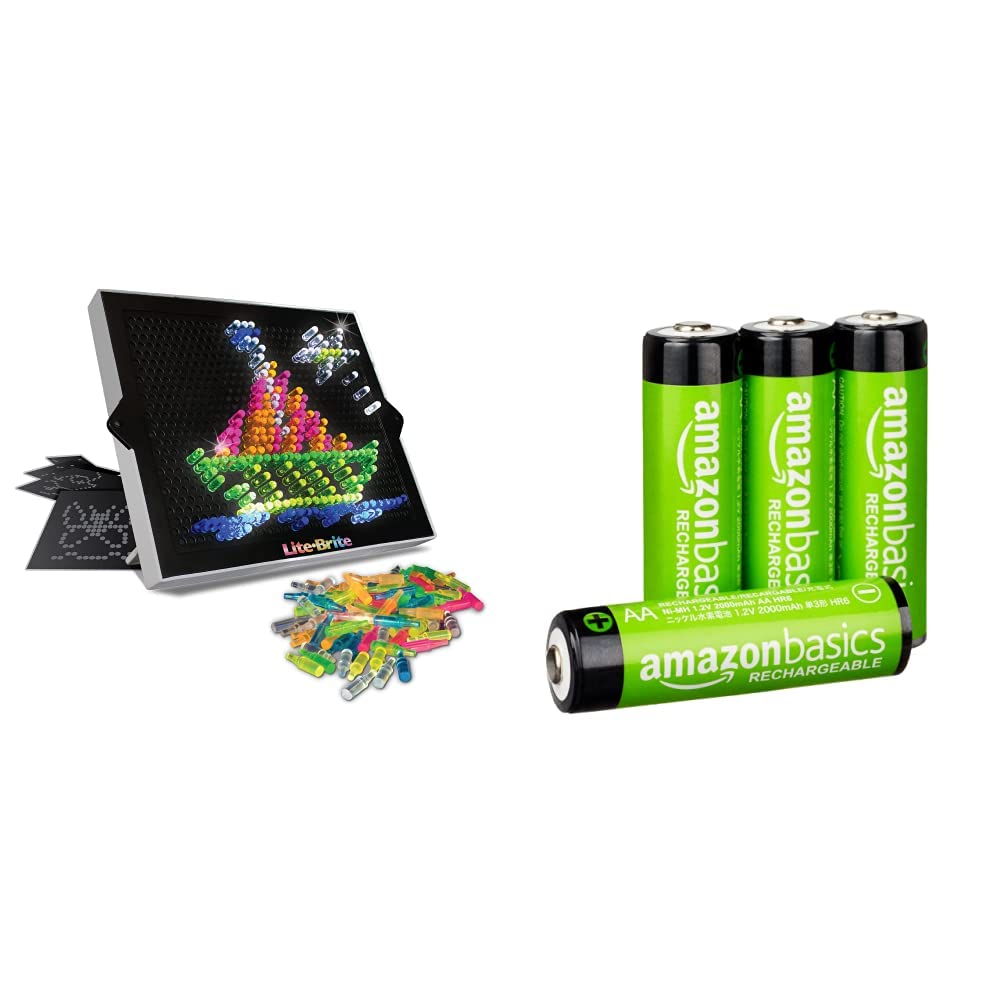 Basic Fun 2215 Lite-Brite Ultimate Classic, Light Up Drawing Board, LED Drawing Board with Colours, Aged 4+ & Amazon Basics AA Rechargeable Batteries, Pre-charged - Pack of 4 (Appearance may vary)