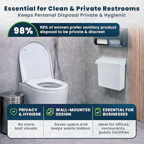 Image of Alpine Sanitary Napkin Receptacle - Feminine Hygiene Disposal Container, Wall Mounted Trash Can with Odor Control Seal & Installation Hardware (White)