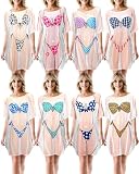 Jeyiour 8 Pcs Women's Bikini Cover up Dress Short Sleeve Bikini Shirt Print Funny Nightgown Baggy Swimwear Cover up(Stylish Style,Large)