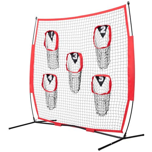 Happybuy 7x7 ft Football Trainer Net, Throwing Target with 5 Pockets, Knotless Net, Frame & Carry Case, QB Accuracy Training, Red, Portable