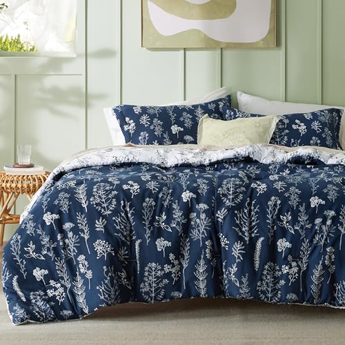 Image of Bedsure King Comforter Set - Navy Bed Set, 3 Pieces Cute Floral Bedding, 1 Soft Reversible Botanical Flowers Comforter and 2 Pillow Shams
