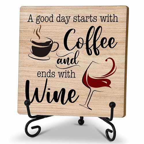 Coffee And Wine Desk Decor Sign, Rustic Wooden Sign With Stand, A Good Day Starts With Coffee And...