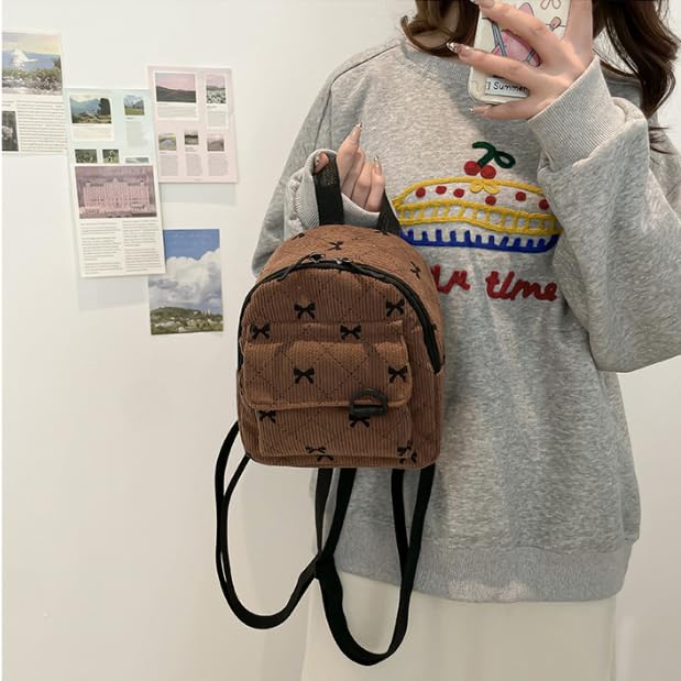 Mini Corduroy Backpack, with Black Bow Pattern, Quilted Design, Small Casual Daypack with Adjustable Straps (Brown)2