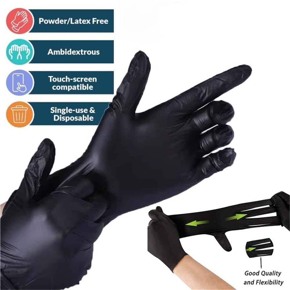 Guanti monouso in nitrile nero da 20/50/100 pezzi for uso domestico, senza lattice, polvere, for la pulizia di tatuaggi, parrucchieri e strumenti(Black-100PCS,M)