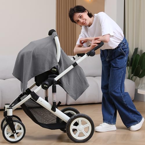 Image of 100% Muslin Cotton Car Seat Cover Baby, Carseat Canopy Cover, Universal Fit Stroller Covers for Boys and Girls (Grey)