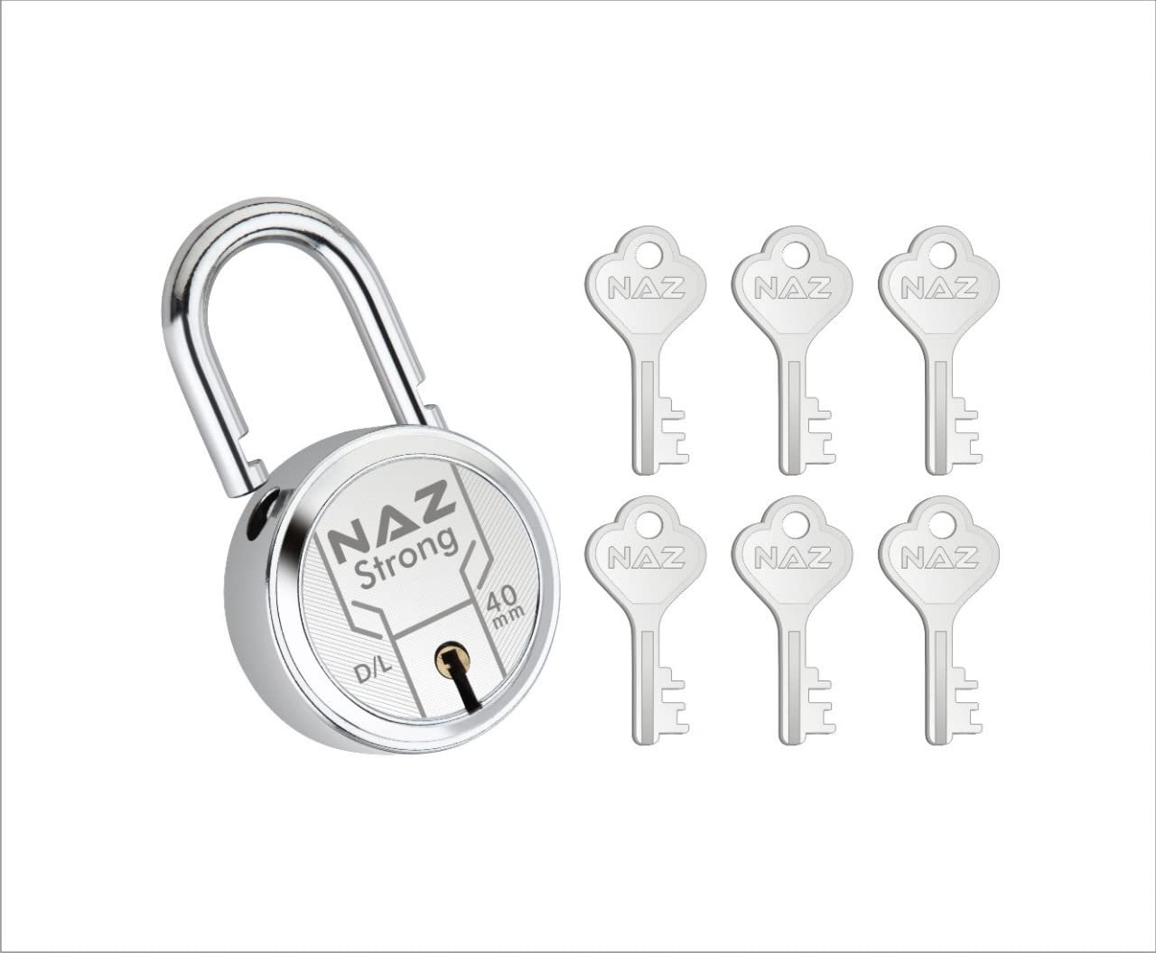 Naz Strong 40MM Round Padlock with 6Levers Mechanism Double Locking Steel Body with 6 Silver Keys.Lock for Windows, Almirah, Cabinets, Lockers,Tackle Boxes, Backpacks, Briefcases, Luggage. Pack of 1 (B0BD5QM49N) Amazon Price History, Amazon Price Tracker