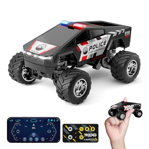 SOONYANG Remote Control Cars, App Control Monster Trucks Toy, 1/64 Alloy Case Rc Cars with Lights, 2.4ghz Wireless Police Toy Car, Mini Rc Truck Toys for Ages 2-4 5-7, Speed/Steering Adjustable