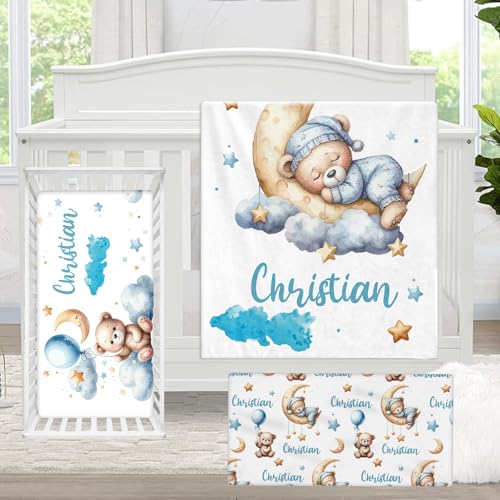 KAINSY Personalized Baby Bedding Set, 3 Pcs Custom Crib Sets with Name, Blue Moon Bear Nursery Bedding Set, Baby Bedding Sets for Boys Girls, Customized Gifts for Toddlers Infants Kids