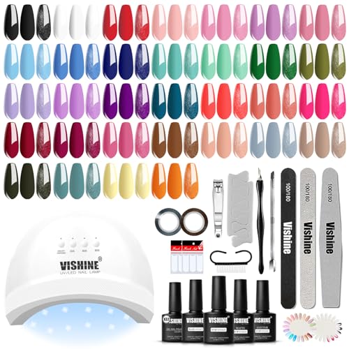 Vishine Kit Complet Vernis Semi Permanent Lampe LED Séchoirs à ongles, 32 Couleurs Vernis Gels avec Base, Top Coat Mat & Brillant pour Toutes Saisons, 52...