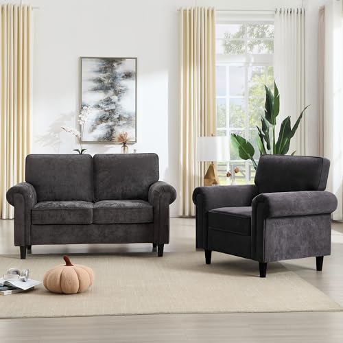 Image of Kingfun Loveseat 2 Seater Couch with Chair, Mid Century Modern Chenille Sofa Set with Rolled Arms and Deep Seats, Fluffy Comfort for Living Room, Apartment, Easy Assembly, Grey