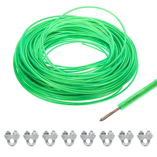 MECCANIXITY 3.5mm (9/64 inch) Green Vinyl Coated Wire Rope, 60m /197ft Galvanized Steel Cable Wire Rope with 8PCS M5 Loop Sleeves for String Light Hanging, Deck Railing, Garden Wire