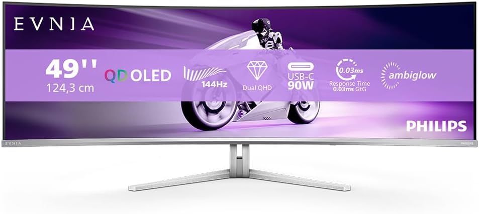 Philips Evnia 49M2C8900L - 49-inch DQHD OLED Curved Gaming Monitor, 144 Hertz, 0.03ms GtG, HDR400, Ambiglow, FreeSync Prem. Pro (5120 x 1440, HDMI 2.1, DisplayPort 1.4, USB-C, USB Hub) White