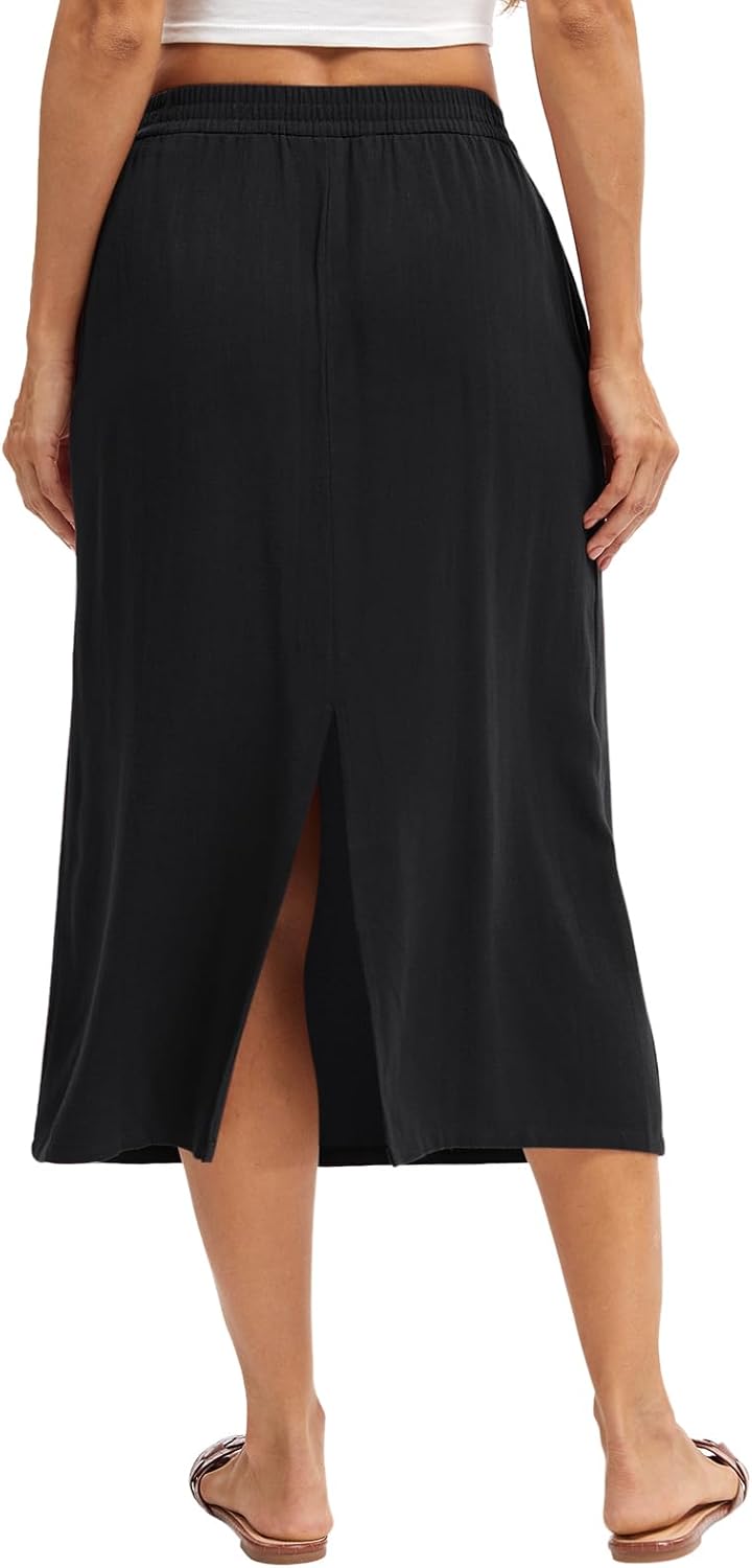 Women's Linen Blend Midi Skirt Reversible Front-Back Slit Design with Side Pockets - Image 2