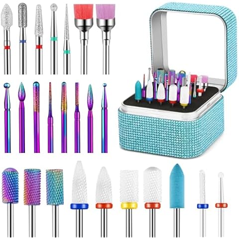 25Pcs Nail Drill Bits Set with Rhinestone Nail Drill Bits Holder, 3/32 Inch Nail Drill Bits for Acrylic Nails, Ceramic Diamond Carbide Cuticle Efile Remover Bits for Home Salon Acrylic Gel Nail Cover