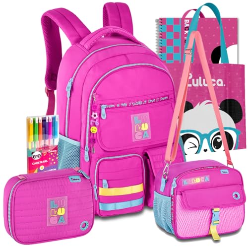 Kit Mochila Luluca Escolar Lancheira Estojo Escolar Meninas Resistente Infantil Juvenil (Rosa)