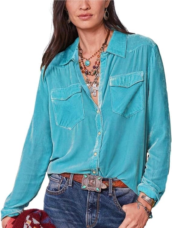 Velvet Shirts for Women Long Sleeve Button Down Shirt Vintage Tops Lapel Blouse Fall Winter Tee with Pocket