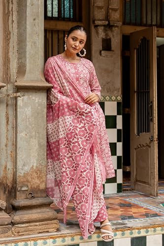 Image of MIRCHI FASHION Women's Straight Fit Pure Cotton Embellished Floral Printed Kurta Set with Dupatta and Trouser