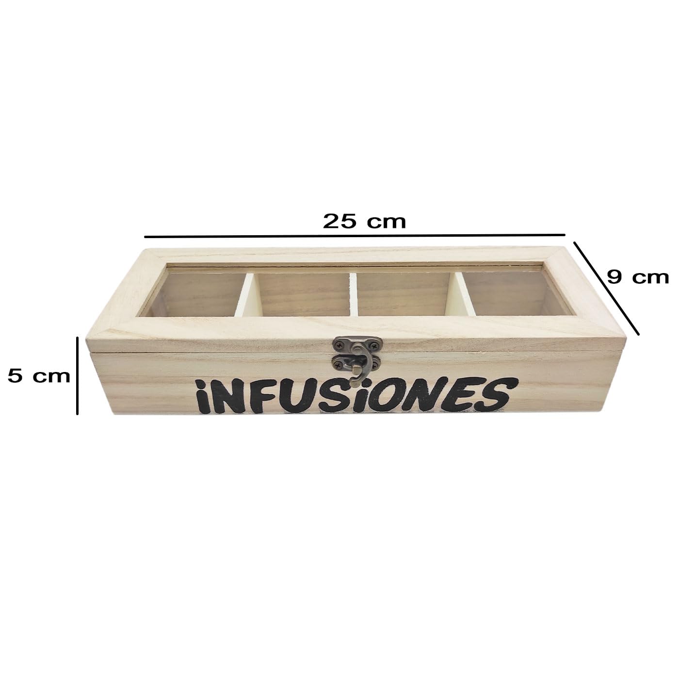 Acan Tradineur - Pack de 6 cajas de madera natural Infusiones con tapa de cristal, 4 compartimentos, decoración, almacenamiento, té, manzanilla, manualidades, regalo - 25 x 9 x 5 cm