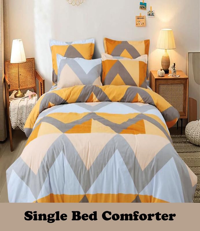 Image of Polycotton Polyester Polyfill 120 GSM Reversible Single Bed Comforter, Blanket, Queen (60x90 inch) Yellow & Grey