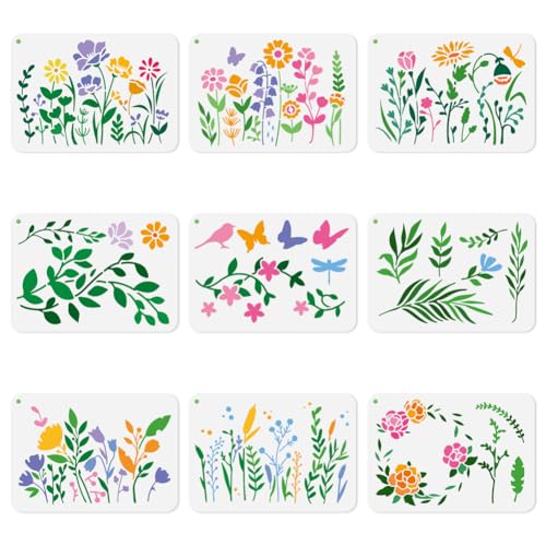 DOODLREAM Lot de 9 pochoirs réutilisables en plastique motif fleurs sauvages et vignes pour peinture sur bois, mur, tissu, journal, scrapbooking, décoration d'intérieur ou loisirs créatifs