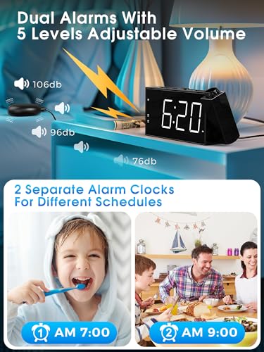 Miniatura 4 de Mesqool Despertador Para Sordos Con Vibracion, Despertador Proyección Con 180 Proyector, Gran Pantalla Led, 5 Brillos, 2 Relojes Despertadores, Snooze Para Dormitorio Oficina Cocina