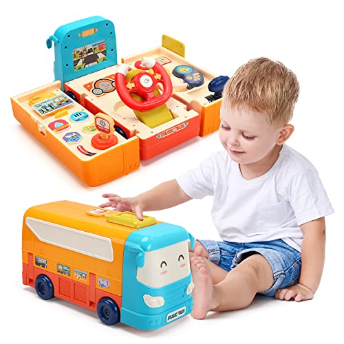 HOLYFUN Bus Car Toy for Toddler, Kids Play Bus with Steering Wheel Toy, Sound and Light, Music School Bus Toy, Educational Bus Driving Toy Gift for Boys & Girls