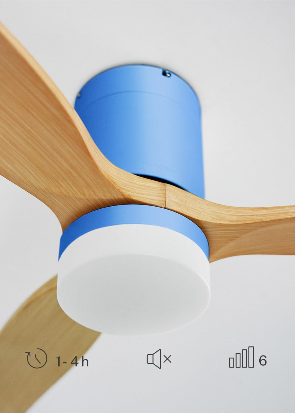 CREATE / WINDCALM M/Ventilador de techo ABS con luz azul cobalto efecto aspas madera clara con Wifi y mando / 40W, Temporizador, Ø132 cm, 3 temperaturas de luz, función verano-invierno