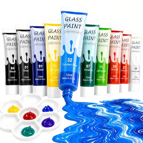 Professional Acrylic Glass Paint Stained Transparent Glass Window Paint Set Great for Glass Painting Wine Glasses Light Bulbs Ceramic Non-Toxic Waterproof Acrylic Enamel Paint Kit for Christmas Art Decor(12 Colors / 5.04 Oz)