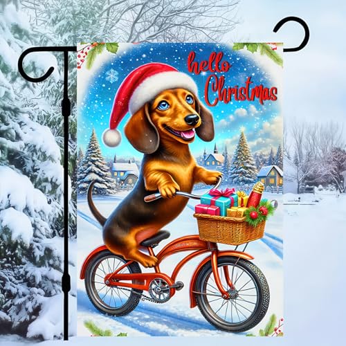 Image of BlissYard Christmas Garden Flag 12x18 Inch Dachshund Bicycle Yard Decor