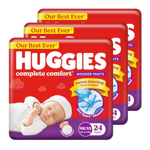 Image of Huggies Complete Comfort Wonder Pants | Pant Style Baby Diapers New Born / XS Size, 72 Count | India's Fastest Absorbing Diaper, Patented Dry Xpert Channel, Ideal for 0-5 Kgs