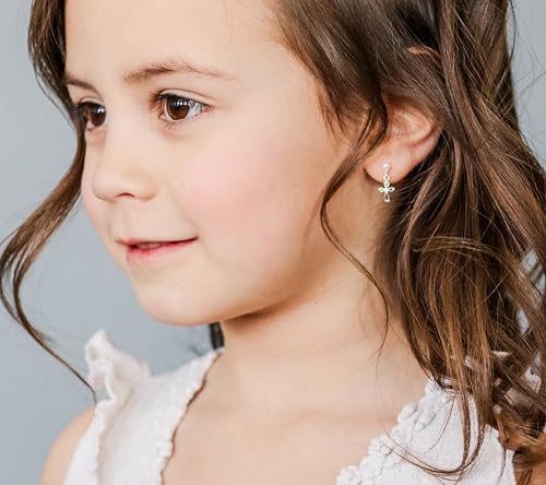 Cherished Moments Children's Sterling Silver Dainty Cultured Pearl or CZ, Dangling Cross Earrings with Screw Backs for Baptism, Christening, First Communion Gift for Toddlers, Kids, and Little Girls2