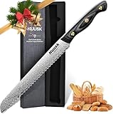 Huusk Damascus Serrated Bread Knife for Homemade Bread, VG10 Serrated Knife with Wide Wavy Edge, Tomato Slicer knife with Wooden Handle for Sourdough Baguette Sandwich,Christmas Gift for Men and Women